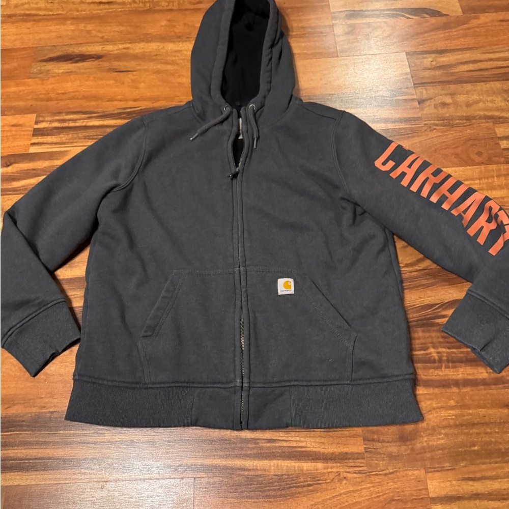 Carhartt Rain defender fleece lined Charcoal Zip-Up with Bold Orange Sleeve Logo
